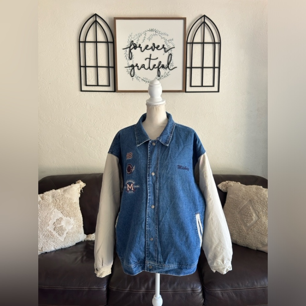 Vintage Disney Denim Varsity Bomber Mickey Embroidered Jacket XL Disney Store